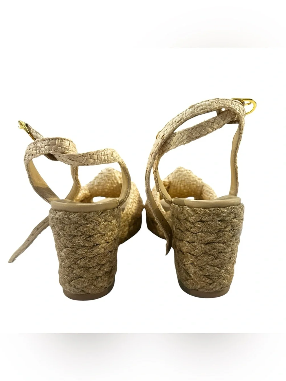 Stuart Weitzman Playa Woven Knotted Vamp Ankle Strap Wedge Espadrille Sandals